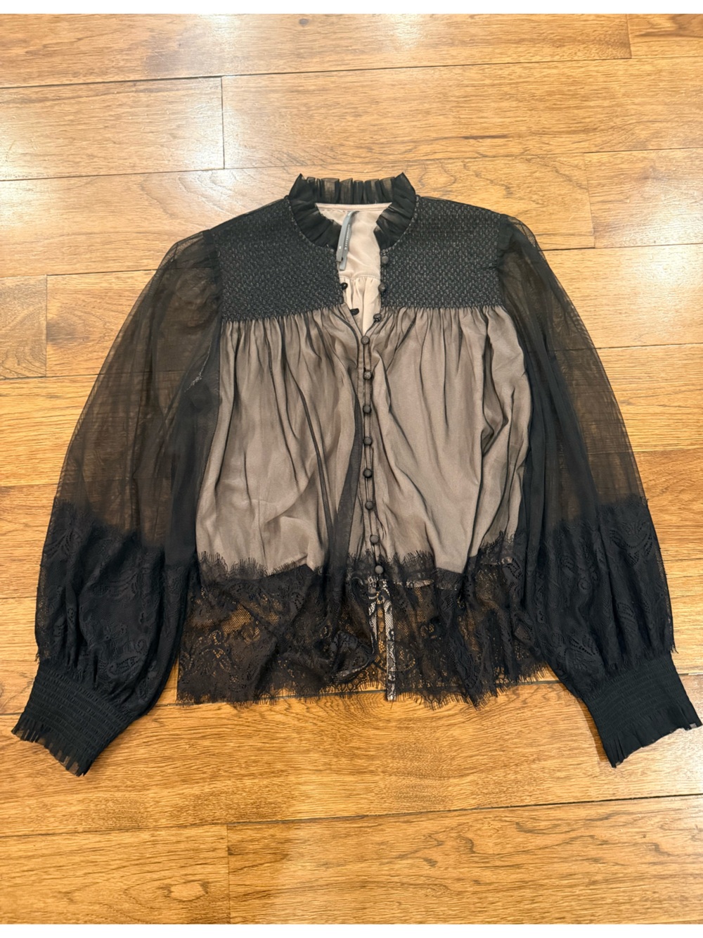 Anthropologie Sheer Black Lace-Trim Blouse - Elegant Women's Top
